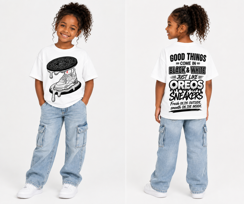 Oreo-Inspired Drip Sneaker Tee | Kids Graphic T-Shirt | Black & White Streetwear Design