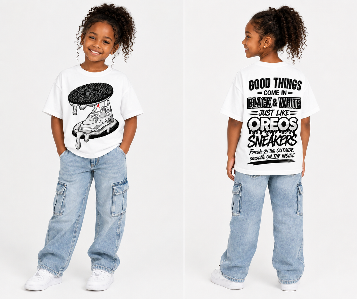 Oreo-Inspired Drip Sneaker Tee | Kids Graphic T-Shirt | Black & White Streetwear Design