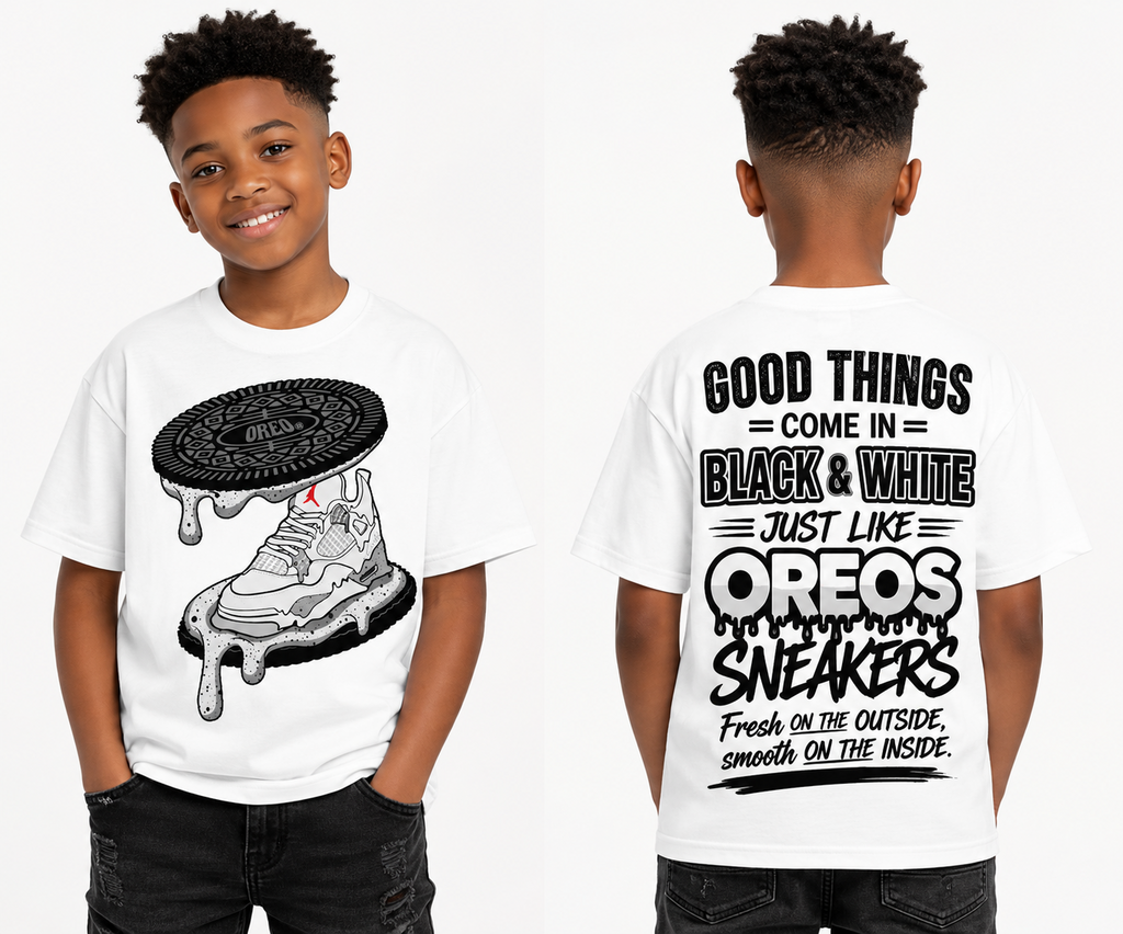 Oreo-Inspired Drip Sneaker Tee | Kids Graphic T-Shirt | Black & White Streetwear Design